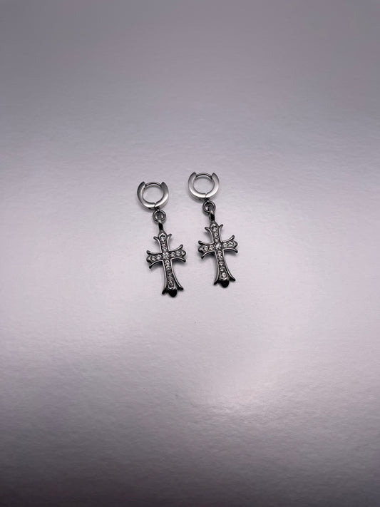 Silver Diamond Cross Earrings