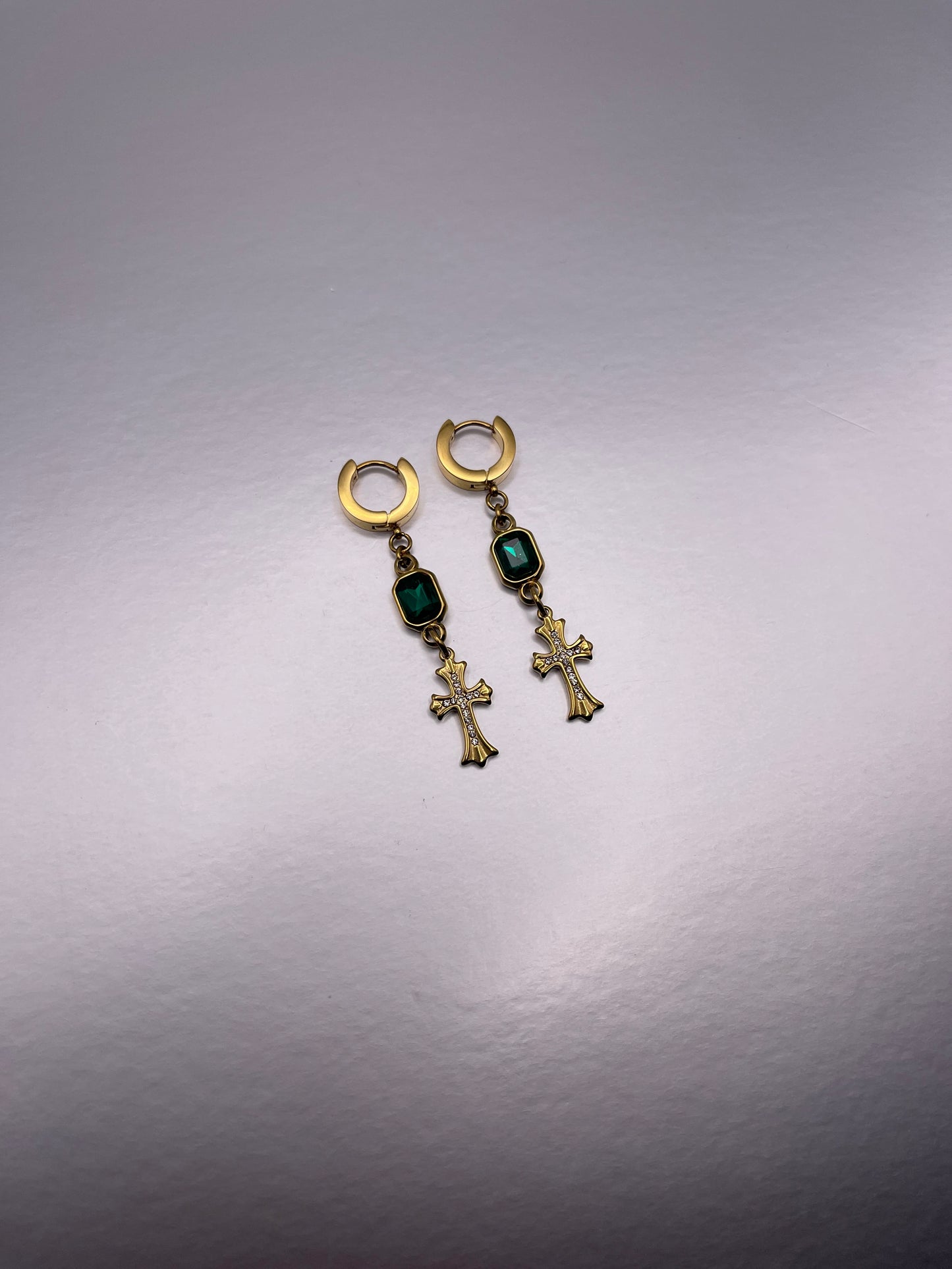 Gold Emerald Cross Earrings