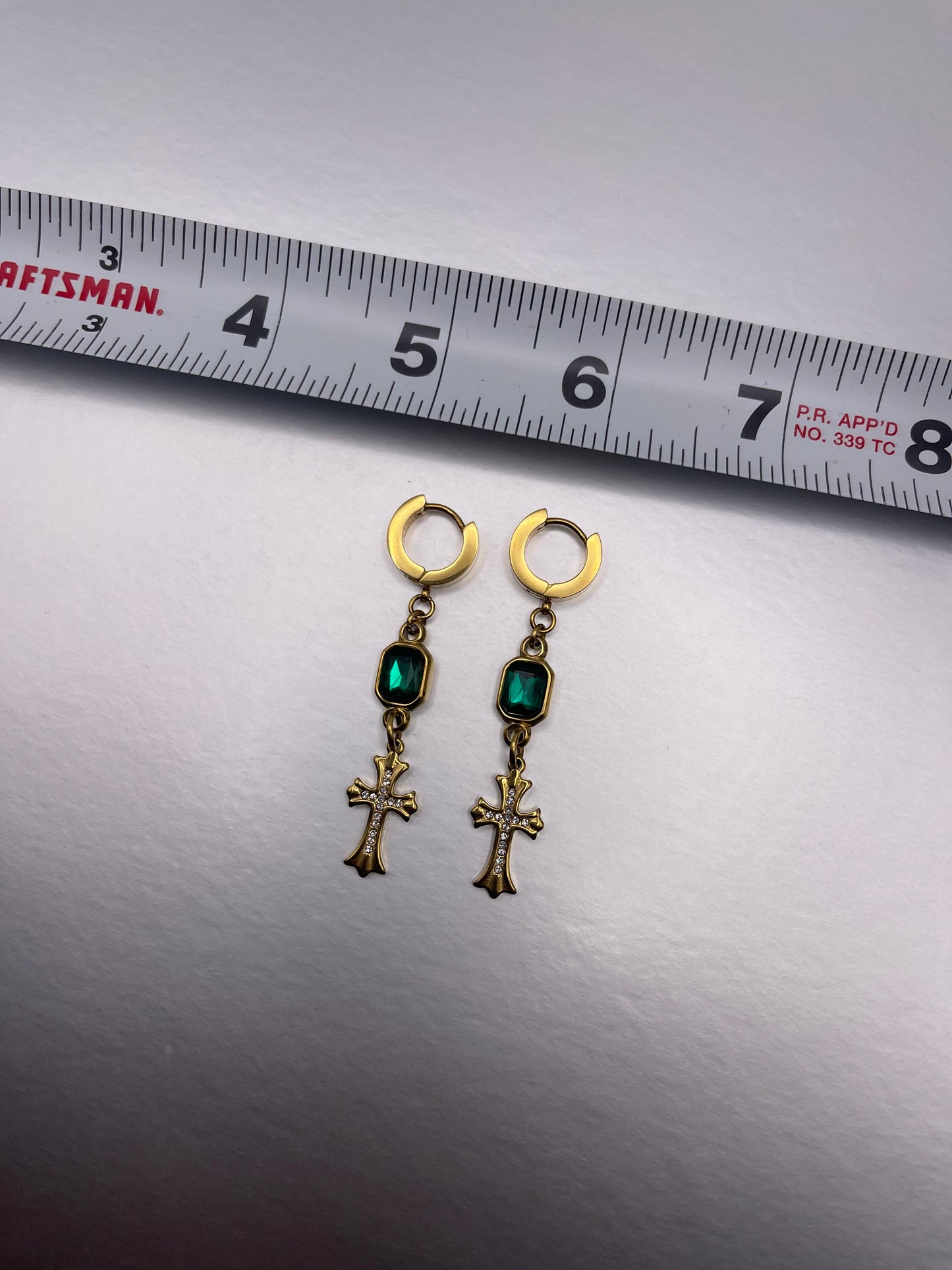 Gold Emerald Cross Earrings